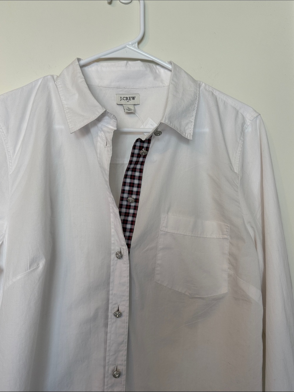 J. Crew White Button-Down Shirt. Plaid ribbon & beautiful rhinestone buttons